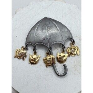 Ultra Craft Vintage Its Raining Cats And Dogs Gold Tone Pewter Dangle Brooch Pin